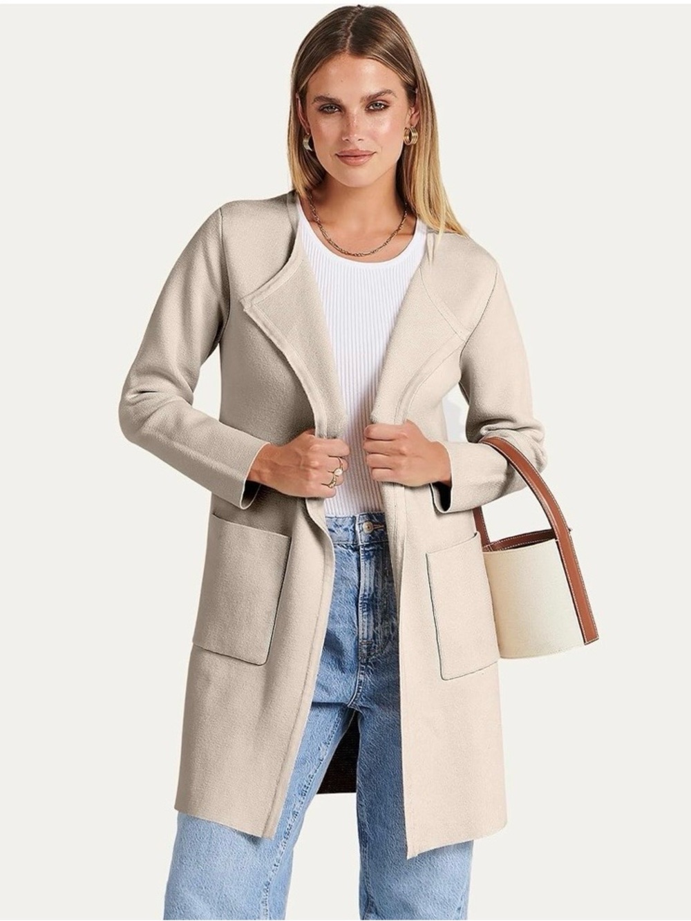 Amazon Apricot Open-Front Cream Sweater Coat Coatigan Patch Pockets Medium